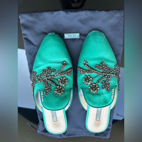 Prada Satin Green Slides Loafers Mules with crystals sz 39 US 9 - Picture 8 of 14